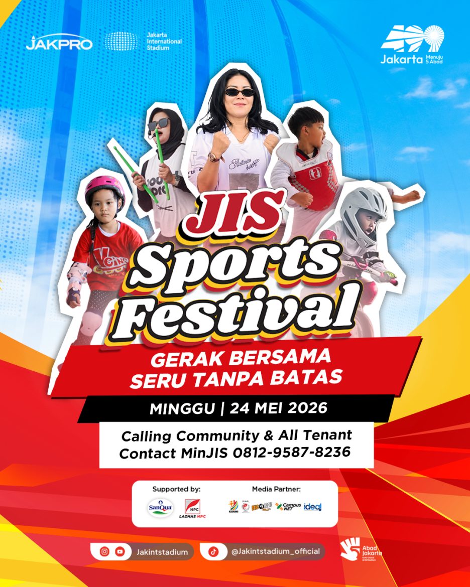 Poster resmi JIS Sport Festival 2026 di Jakarta International Stadium dengan tema Gerak Bersama Seru Tanpa Batas.