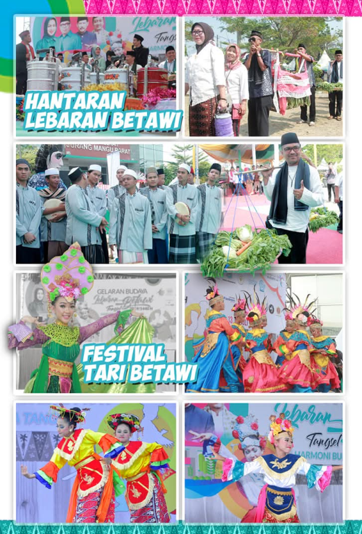 Kolase acara budaya Betawi menampilkan hantaran Lebaran Betawi, festival tari Betawi, pertunjukan seni tradisional, dan masyarakat mengenakan pakaian adat Betawi di Tangerang Selatan.