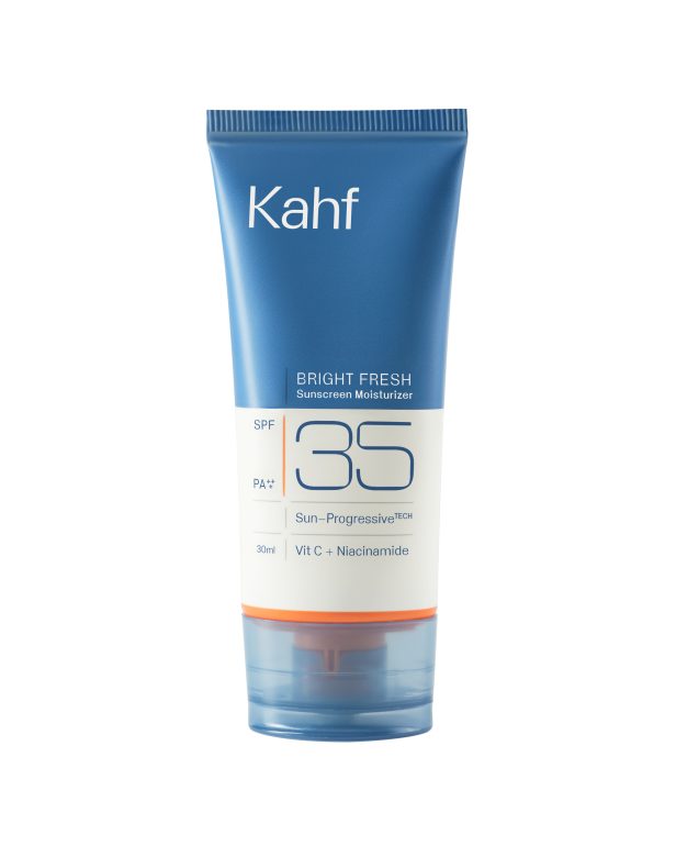 Kahf Bright Fresh Sunscreen Moisturizer SPF 35 PA++ dengan Vitamin C dan Niacinamide ukuran 30 ml untuk perlindungan kulit dari sinar UV.