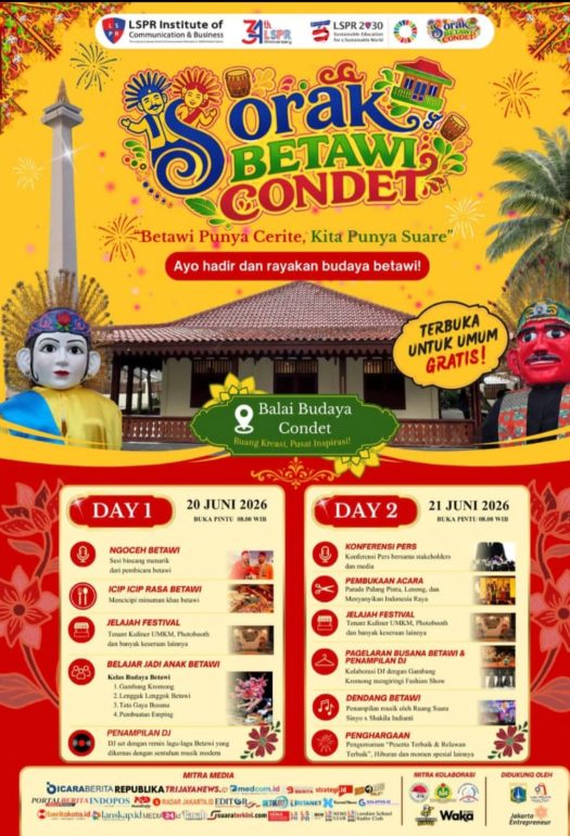 Bazar UMKM khas Betawi dan pertunjukan Lenong dalam Festival Sorak Betawi Condet 2026 di Balai Budaya Condet