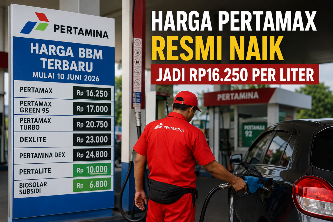 Harga Pertamax resmi naik menjadi Rp16.250 per liter di SPBU Pertamina mulai 10 Juni 2026.