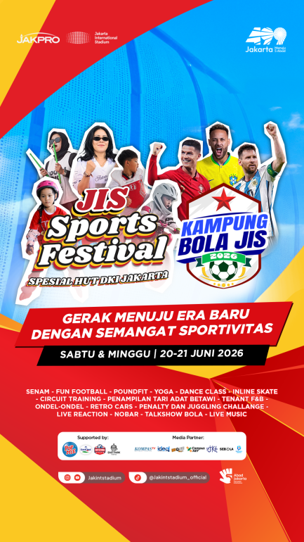 Poster resmi JIS Sport Festival X Kampung Bola JIS 2026 yang menghadirkan olahraga komunitas, nobar Piala Dunia 2026, bazar UMKM, dan hiburan keluarga di Jakarta International Stadium.