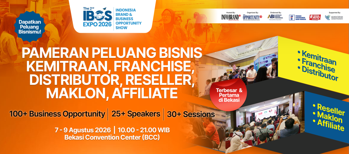 The 2nd IBOS Expo 2026 menghadirkan pameran peluang bisnis franchise, kemitraan, distributor, reseller, maklon, dan affiliate di Bekasi Convention Center.
