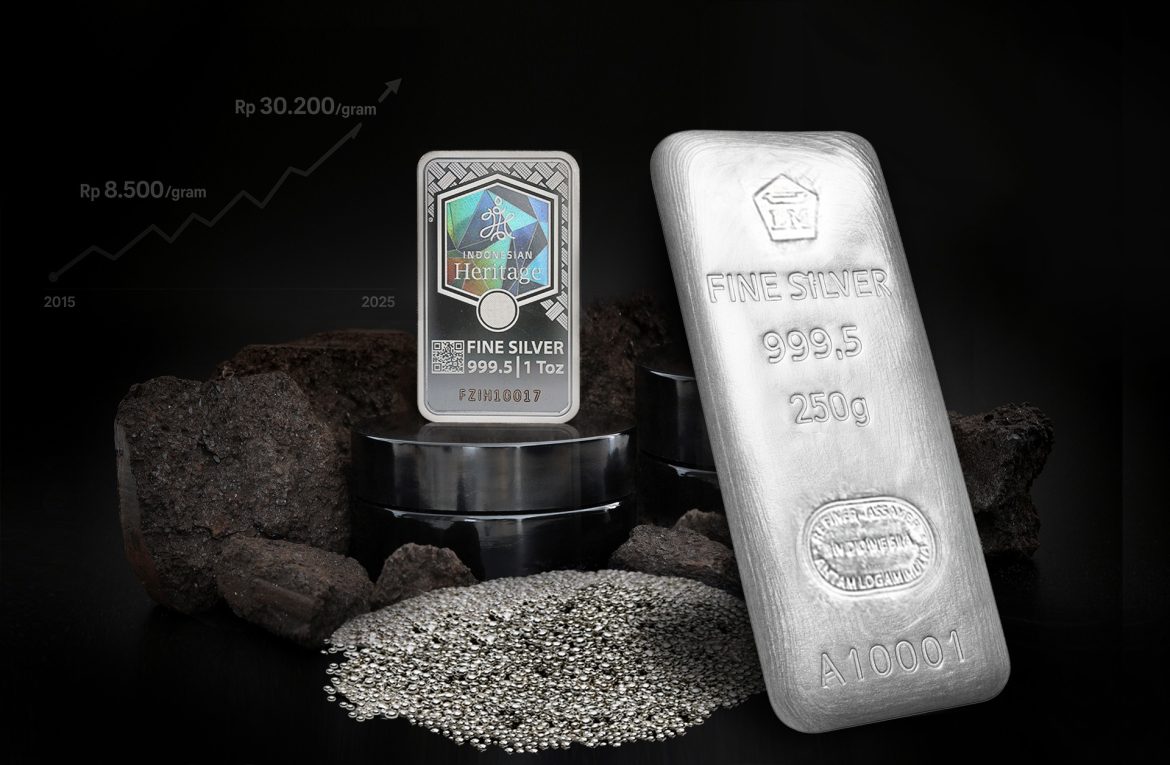 Batangan perak Antam Fine Silver 999,5 dengan ilustrasi kenaikan harga perak menjadi Rp 41.950 per gram pada 4 Juli 2026.