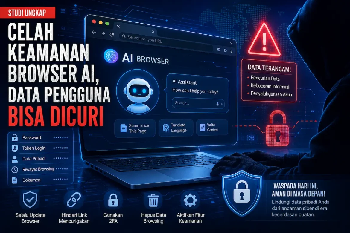 Ilustrasi ancaman keamanan browser AI yang memperlihatkan risiko pencurian data pengguna, serangan siber, dan perlindungan privasi digital.