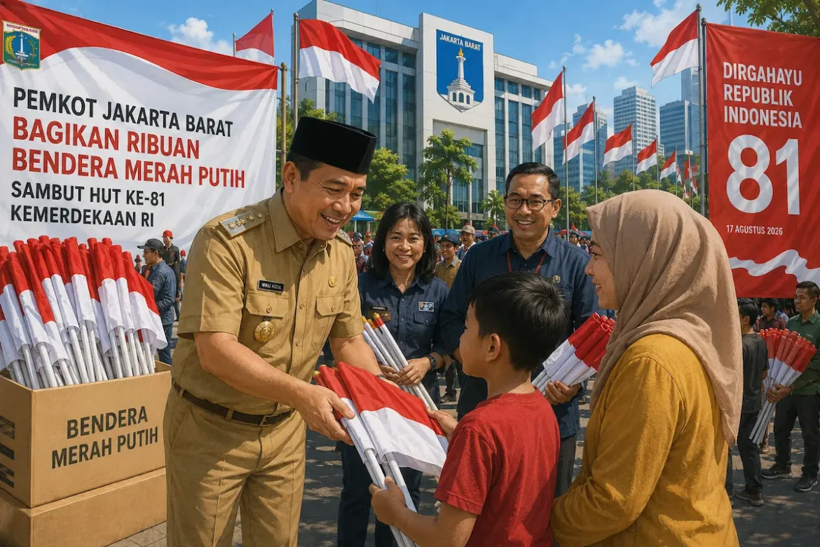 Warga menerima pembagian bendera Merah Putih dari Pemerintah Kota Jakarta Barat menjelang HUT RI ke-81.