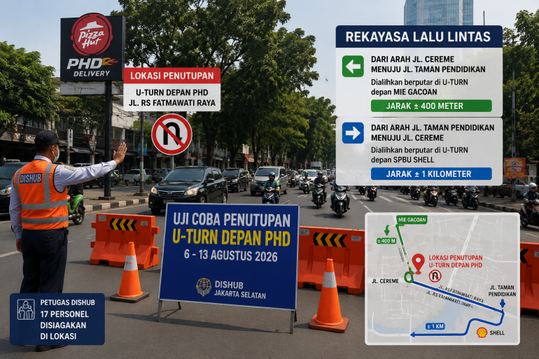 Petugas Dinas Perhubungan Jakarta Selatan mengatur arus kendaraan saat uji coba penutupan u-turn di depan PHD Jalan RS Fatmawati Raya.