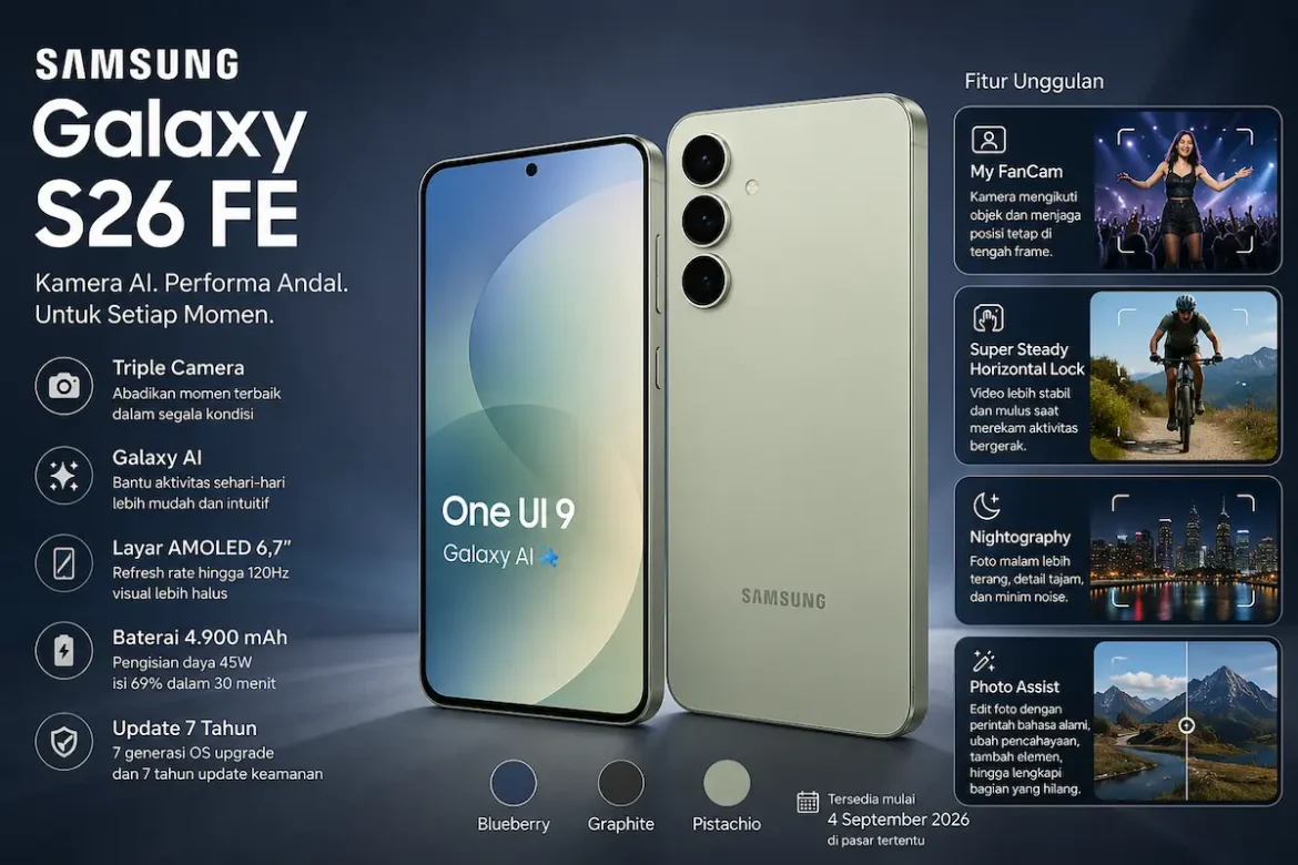 Samsung Galaxy S26 FE dengan fitur kamera dan Galaxy AI